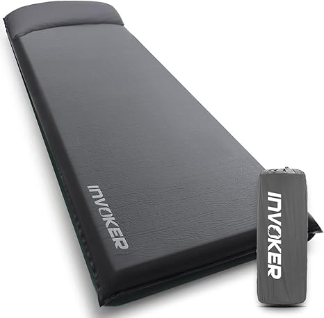INVOKER 2.75" Memory Foam Self-Inflating Pad w/ Pillow – Grey, Durable for Camping
